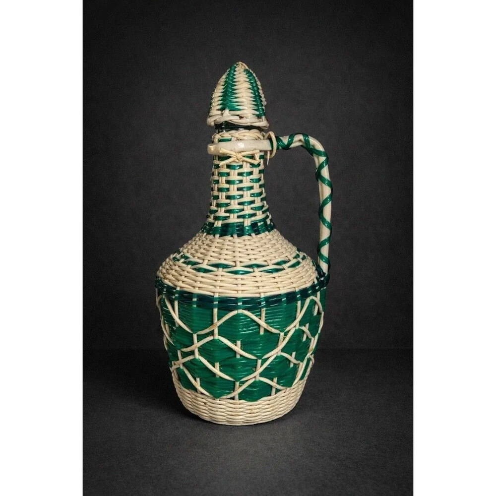 Vintage Scoubidou Wicker Wrapped Green Glass Decanter Bottle Demijohn w Stopper
